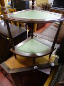 Vintage corner cupboard and a leather tooled three shelf whatnot