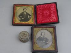 Two deguerriotype portrait studies, one fully cased and a circular antique patch box with interior