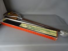 Large boxed Oriental fan and a vintage folding shooting stick