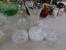 Quantity of cut glass dishes, a vase and a mallet form decanter with stopper