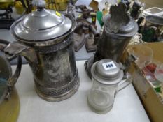 Large vintage EP stein type jug, a pewter example and one in glass with pewter lid