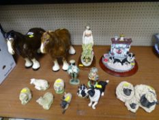 Two shire horse pottery ornaments and a quantity of sheep, farmer, sheepdog and other ornamental