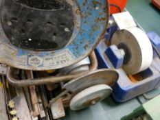 Red tub containing Mastersharp power unit, face masks etc, bench top grinding wheel, Record Scan 150