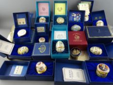 Good collection of boxed mainly Halcyon Days enamel pill boxes and collectable eggs with a