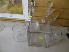 Two glass decanters with stoppers, a pair of tankards with etched type detail of wildfowl and a