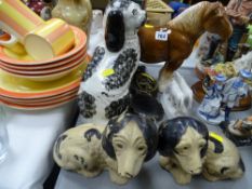 Pair of ornamental dachshunds, Staffs dog, horse brasses etc