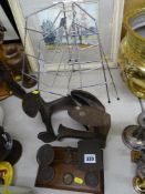 Set of vintage postal scales, two iron shoe lastes and two modern chrome plate stands