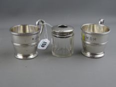 Silver topped hair tidy and two James Dixon EP mugs, initialled 'R J M' and 'M D M'