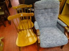 Polished wooden framed floral easy chair and two light stickback dining chairs