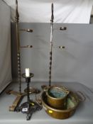Two wrought iron candle stands and one other along with two vintage style copper containers