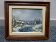 GWYNETH TOMOS oil on board - children at play on ice, 19 x 24 cms