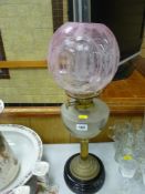 Excellent brass reeded column oil lamp with pink etched glass shade and bevelled frost glass