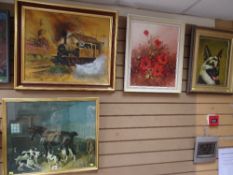 HUMPHREY oil on canvas - steam train, DEVELIN oil on canvas - still life, JUSTUS? oil on canvas -