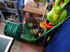Parcel of garden equipment including Florabest FHS600 hedge trimmer, Qualcast Concorde lawn rake,