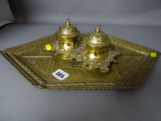 Oriental brass tray and a double lidded brass inkstand