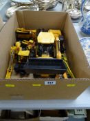 Box of toy tractor and crane type vehicles