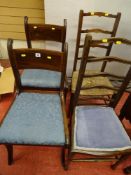 Pair of mahogany dining chairs and two non-matching ladderback bedroom chairs