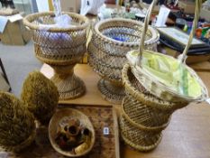 Quantity of basket ware plants, inlaid walnut tray, selection of napkin holders etc