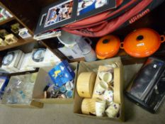 Two good size Le Creuset type lidded cookpots and a parcel of other kitchenware