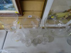 Two good pedestal stem bowls with etched floral decoration, a quantity of custard cups etc