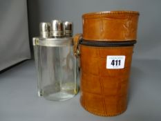 Three part travelling flask set in a leather holder