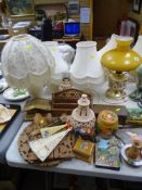 Quantity of table lamps, treen ware, fans etc