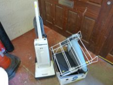 Panasonic MC-E44 upright vacuum cleaner and a box containing HP printer, halogen heater etc E/T