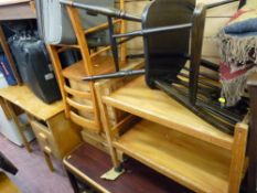 Dark wood coffee table, pine bedside chest of three drawers, two tier trolley, wheelback armchair
