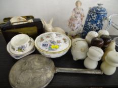 Mixed collection of ornamental figures and pottery items, a white metal hand mirror etc