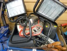 Pair of halogen lamp sight lights and a blue tub of various garage items E/T