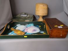 Vintage oak lidded box, two wooden trays, pair of butter pats and a wooden hatmaker's stand