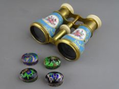 Pair of French enamelled opera glasses (some damage) and four modern silver and enamel pill boxes