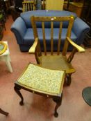 Oak elbow chair with base stretcher and a curved top stool