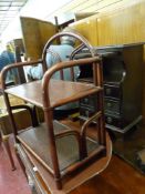 Narrow telephone table with leather tooled slider and a bamboo whatnot