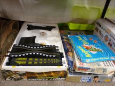 Box Scalextric (incomplete) with a quantity of board and electronic games etc