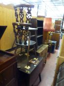 Dark Ercol twin flap dining table and four fleur-de-lys back chairs