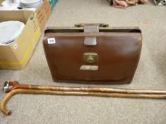 Vintage leather briefcase, carved top walking stick and one other