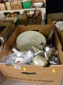 Vintage pottery mixing bowl, quantity of Pyrex ware with stainless steel tableware etc