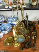 Selection of vintage brass and iron ware including a cast skillet and a set of brass beam scales