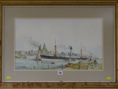 T H DRINKWATER coloured print - the SS Atreus and other shipping in the Mersey with Liver