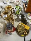 Pair of brass campana type urns on stands, a Dinah moneybox, an Art Nouveau bowl stand etc