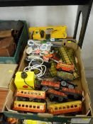 Playworn clockwork tinplate train set, a Meccano Mogul crane, a collection of pin badges etc