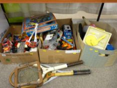 Good quantity of vintage toys, vehicles, boats, Meccano and tennis racquets etc
