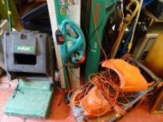 Parcel of garden items including Flymo Hover Compact 300, Qualcast lawn raker, Bosch hedge