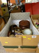 Box of vintage stoneware, oak biscuit barrel etc