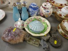 Two pottery ginger jars and covers, Maling dish, collection of fossils and quartz collectables etc