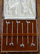Cased set of six cockerel, sterling silver cocktail sticks