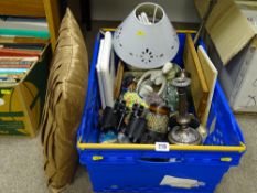 Crate of mixed items including electroplate, binoculars, porcelain etc