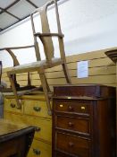 Slim mahogany chest of five drawers and an oak splatback armchair with upholstered drop-in seat
