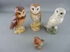 Three Royal Doulton owls for Whyte & Mackay Scotch whisky including a snowy owl, barn owl, short